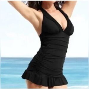 KENNETH COLE Reaction Retro Black Halter Swim Dress One Piece  Size M